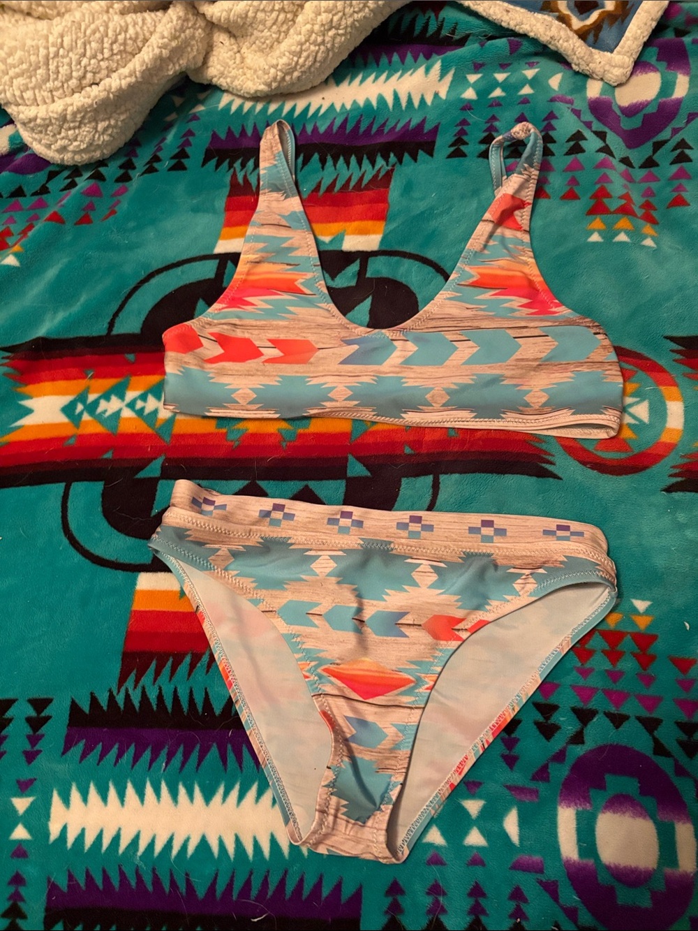 Aztec Print Two-Piece Bikini - Teal, Coral, White